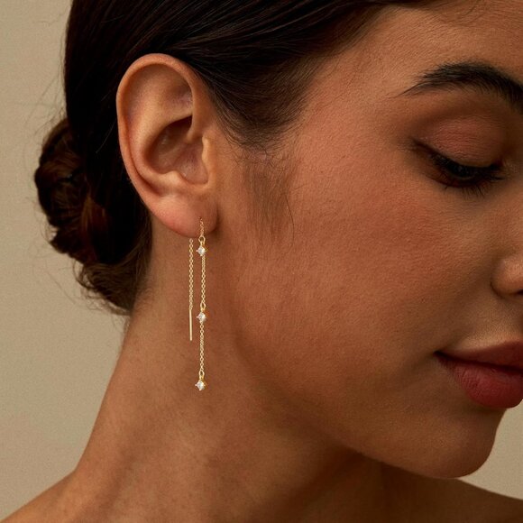 14K Gold Plated Trendy Hoop Huggie Dainty Drop Dangle-E837 Earrings for Women - Picture 3 of 7